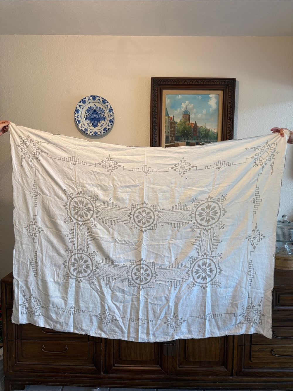 47”x65” VINTAGE Embroidered Eyelet Open Work Handmade Linen Table Cloth